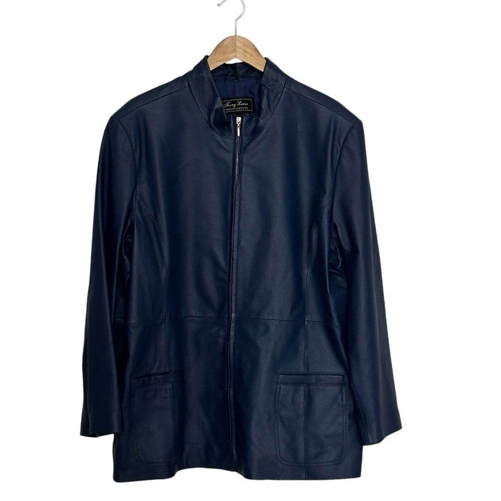 TERRY LEWIS Classic Luxuries Blue Leather Jacket Stand Collar Hip Length Size 3X